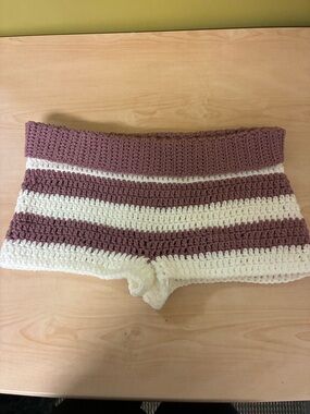 Crocheted Stripe High-Waist Shorts - Mauve & Cream